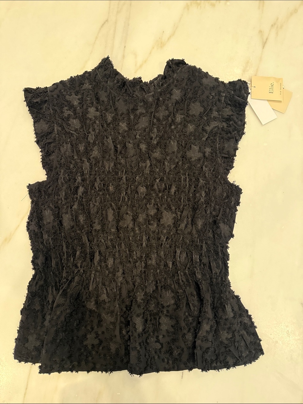 NWT Elie TAHARI Black Textured Peplum Cap-Sleeve Top Size Medium